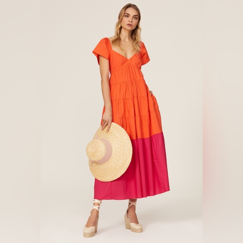 Donna Morgan Colorblock Tiered Maxi Orange and Pink Tiered Dress Size 0